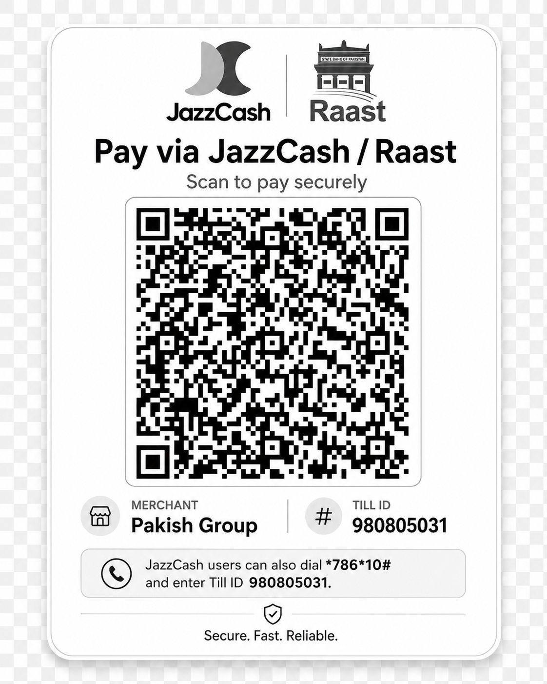 JazzCash and Raast QR code for Pakish Group payment